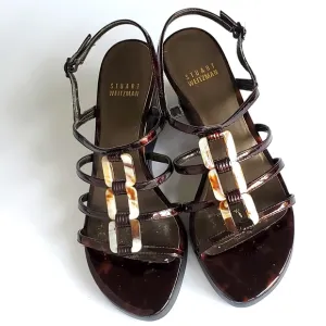 Stuart Weitzman Women's Brown Patent Leather Strappy Wedge Heel Sandal Sandal 6