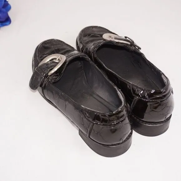 Stuart Weitzman Black Leather Croc Loafers, 6.5