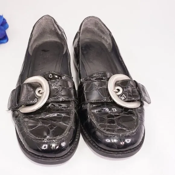 Stuart Weitzman Black Leather Croc Loafers, 6.5