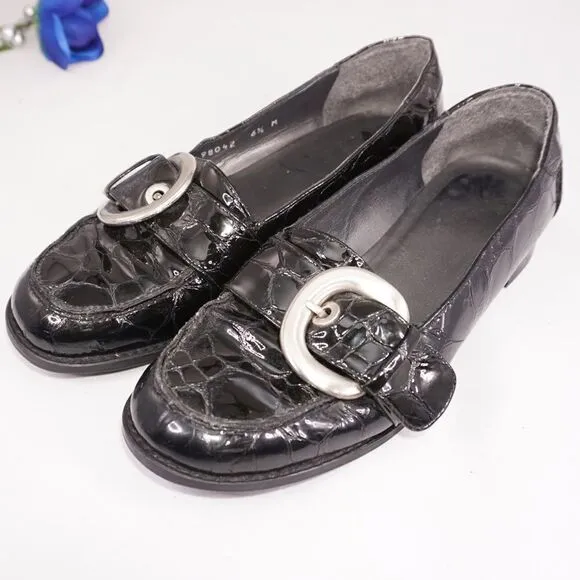 Stuart Weitzman Black Leather Croc Loafers, 6.5