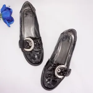 Stuart Weitzman Black Leather Croc Loafers, 6.5