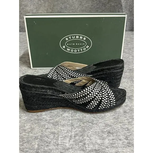 Stubbs Wooton Sandals Womens 7 Check Noir Kelly Espadrilles Wedges Rib Open Toe