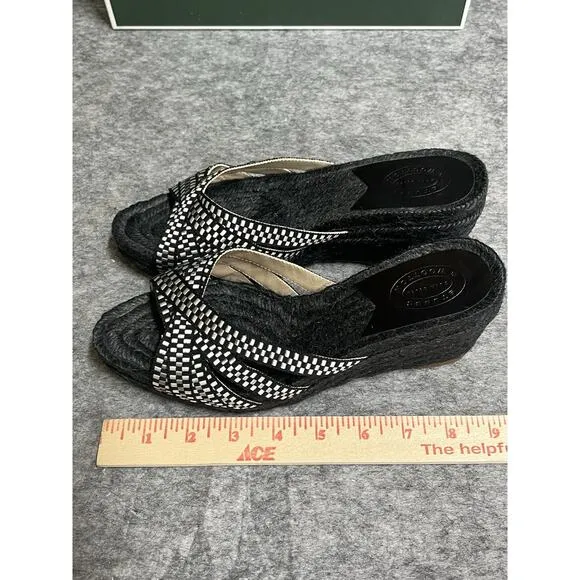 Stubbs Wooton Sandals Womens 7 Check Noir Kelly Espadrilles Wedges Rib Open Toe