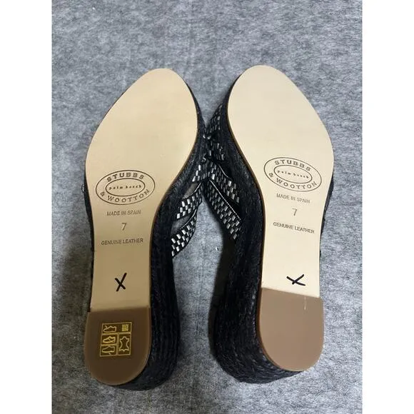Stubbs Wooton Sandals Womens 7 Check Noir Kelly Espadrilles Wedges Rib Open Toe