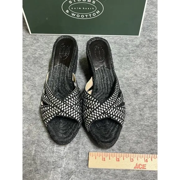 Stubbs Wooton Sandals Womens 7 Check Noir Kelly Espadrilles Wedges Rib Open Toe