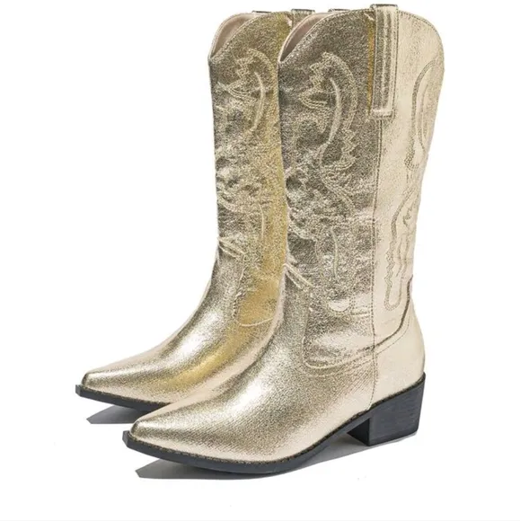 Styleloop Women's Mid-Heel Slip-On Winter Boots, Silver Patent Leather Western