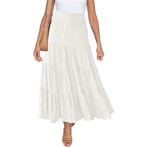 Summer Elastic High Waist Boho Maxi Skirt Casual Drawstring A Line Long Skirt