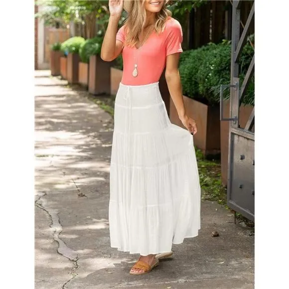 Summer Elastic High Waist Boho Maxi Skirt Casual Drawstring A Line Long Skirt