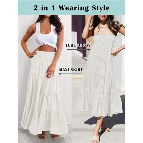 Summer Elastic High Waist Boho Maxi Skirt Casual Drawstring A Line Long Skirt