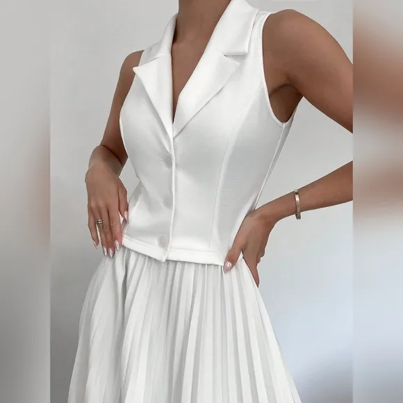 Summer Solid Color Notched Collar Vest And Pleated Long Skirt Elegant 2 Piece Se