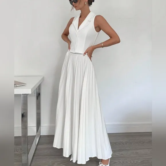 Summer Solid Color Notched Collar Vest And Pleated Long Skirt Elegant 2 Piece Se