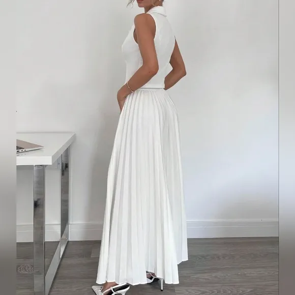 Summer Solid Color Notched Collar Vest And Pleated Long Skirt Elegant 2 Piece Se