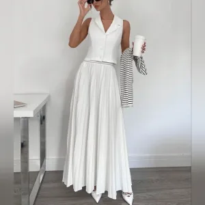 Summer Solid Color Notched Collar Vest And Pleated Long Skirt Elegant 2 Piece Se