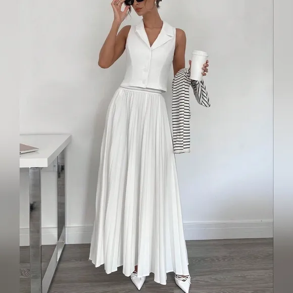 Summer Solid Color Notched Collar Vest And Pleated Long Skirt Elegant 2 Piece Se