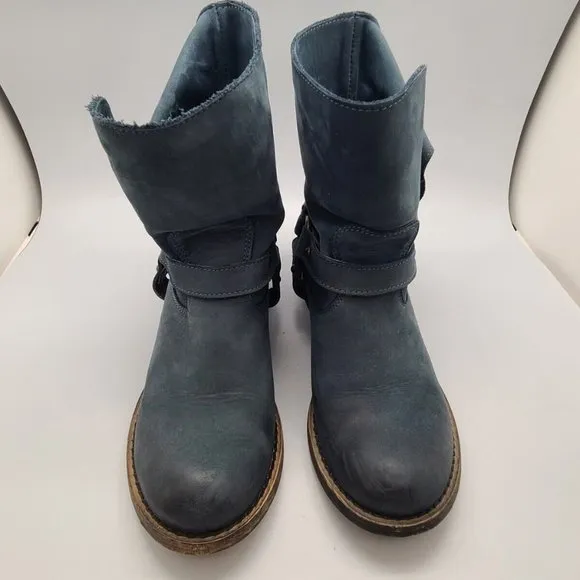 Sundance Blue Leather Harness Moto Boho Pull On Boots Sz 37/6,5