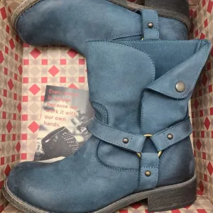 Sundance Blue Leather Harness Moto Boho Pull On Boots Sz 37/6,5