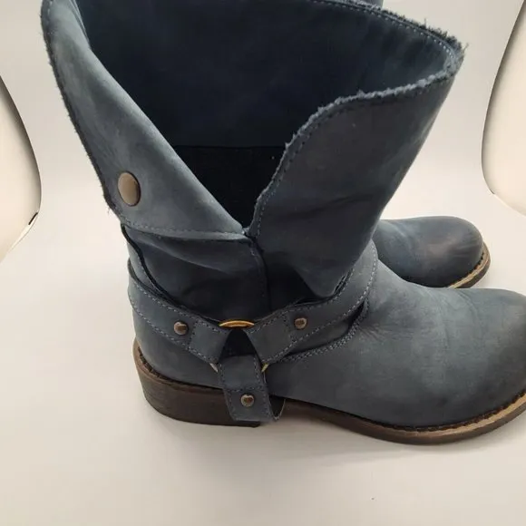 Sundance Blue Leather Harness Moto Boho Pull On Boots Sz 37/6,5
