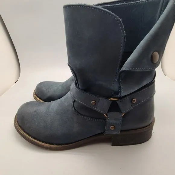 Sundance Blue Leather Harness Moto Boho Pull On Boots Sz 37/6,5