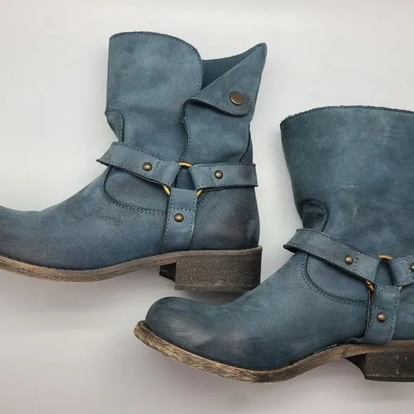 Sundance Blue Leather Harness Moto Boho Pull On Boots Sz 37/6,5