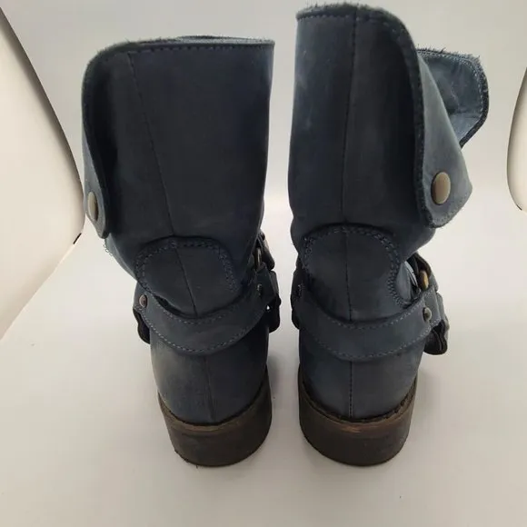 Sundance Blue Leather Harness Moto Boho Pull On Boots Sz 37/6,5