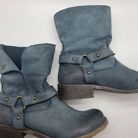 Sundance Blue Leather Harness Moto Boho Pull On Boots Sz 37/6,5