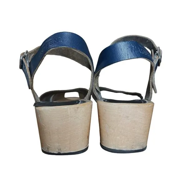 Swedish Hasbeens Navy Blue Leather Platform Suzanne Debutant Clog Sandals - 37
