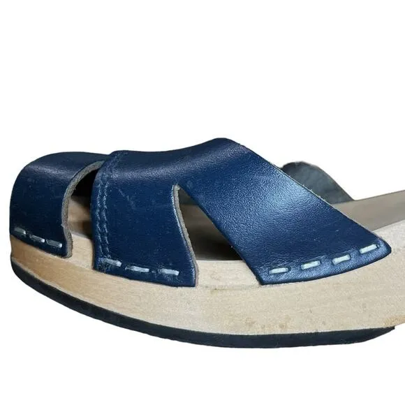Swedish Hasbeens Navy Blue Leather Platform Suzanne Debutant Clog Sandals - 37