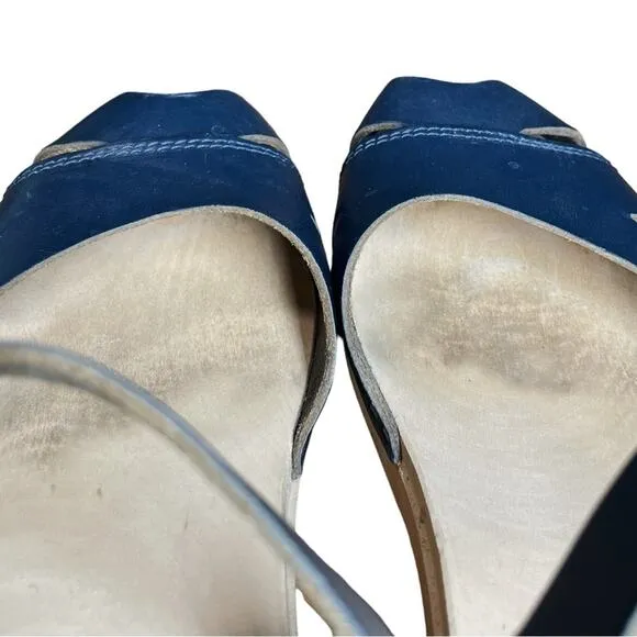 Swedish Hasbeens Navy Blue Leather Platform Suzanne Debutant Clog Sandals - 37