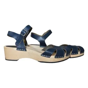 Swedish Hasbeens Navy Blue Leather Platform Suzanne Debutant Clog Sandals - 37