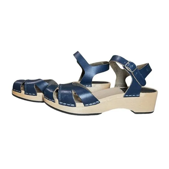 Swedish Hasbeens Navy Blue Leather Platform Suzanne Debutant Clog Sandals - 37