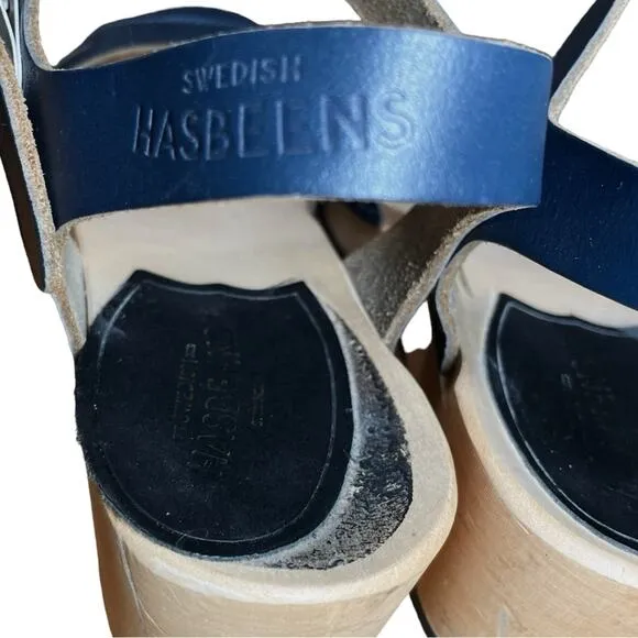 Swedish Hasbeens Navy Blue Leather Platform Suzanne Debutant Clog Sandals - 37