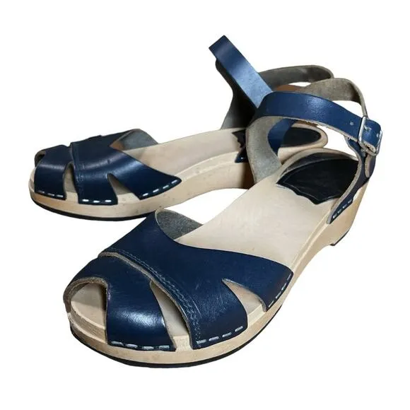 Swedish Hasbeens Navy Blue Leather Platform Suzanne Debutant Clog Sandals - 37