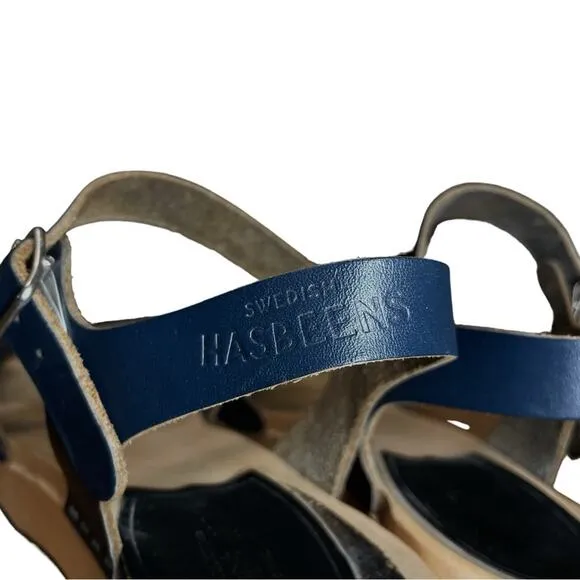 Swedish Hasbeens Navy Blue Leather Platform Suzanne Debutant Clog Sandals - 37