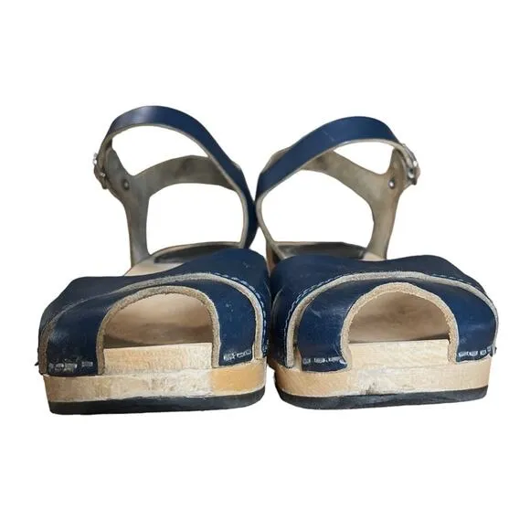 Swedish Hasbeens Navy Blue Leather Platform Suzanne Debutant Clog Sandals - 37