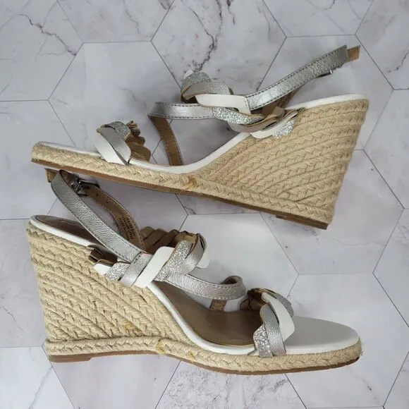 Tahari Waver white and gray metallic wedge sandals size 8.5