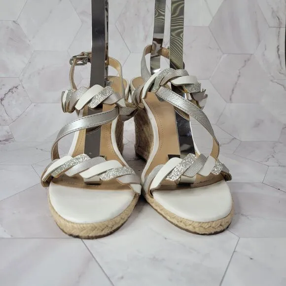 Tahari Waver white and gray metallic wedge sandals size 8.5