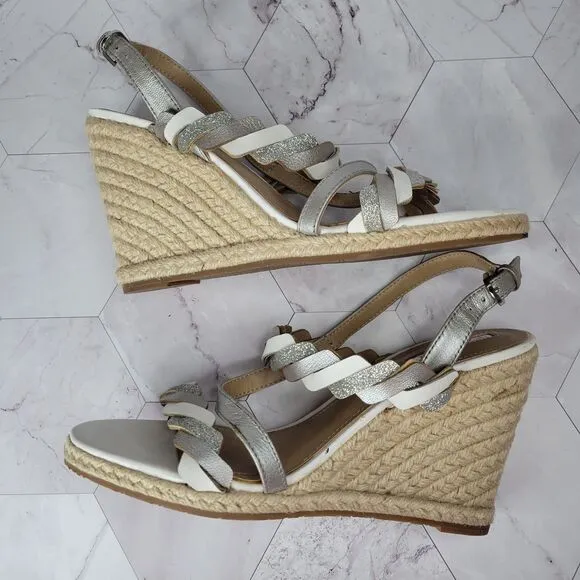 Tahari Waver white and gray metallic wedge sandals size 8.5