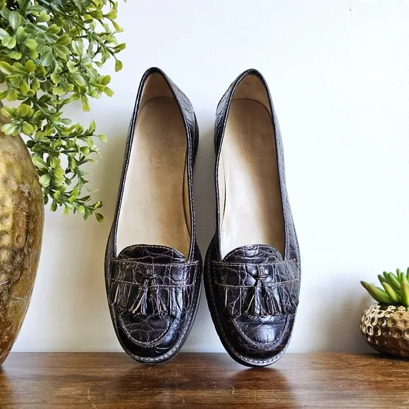 Talbots Crocodile Embossed Genuine Leather Tassel Penny Loafers Dark Brown, 7.5