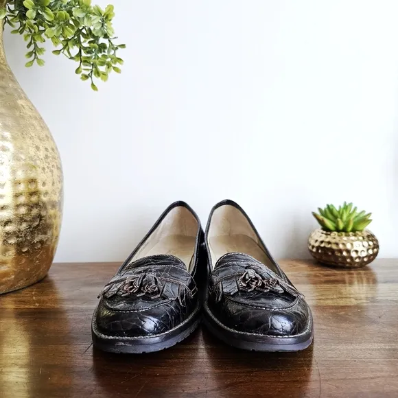 Talbots Crocodile Embossed Genuine Leather Tassel Penny Loafers Dark Brown, 7.5