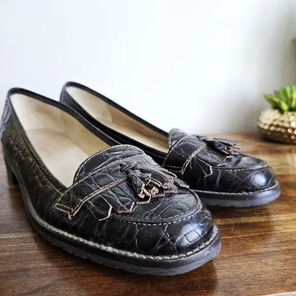 Talbots Crocodile Embossed Genuine Leather Tassel Penny Loafers Dark Brown, 7.5