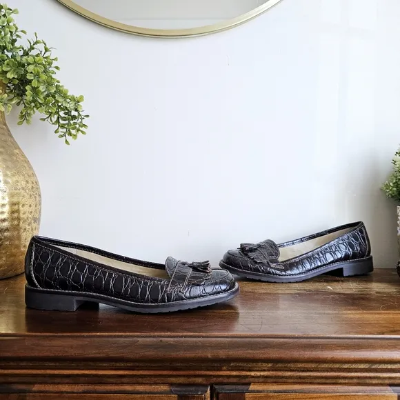 Talbots Crocodile Embossed Genuine Leather Tassel Penny Loafers Dark Brown, 7.5