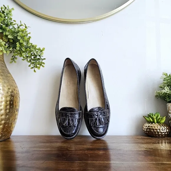 Talbots Crocodile Embossed Genuine Leather Tassel Penny Loafers Dark Brown, 7.5