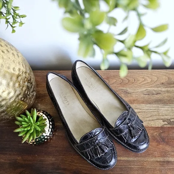 Talbots Crocodile Embossed Genuine Leather Tassel Penny Loafers Dark Brown, 7.5