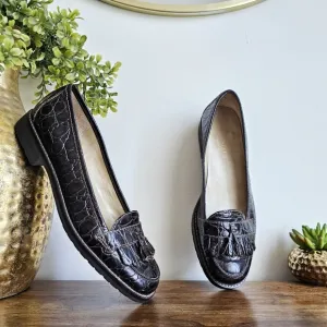 Talbots Crocodile Embossed Genuine Leather Tassel Penny Loafers Dark Brown, 7.5
