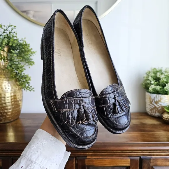 Talbots Crocodile Embossed Genuine Leather Tassel Penny Loafers Dark Brown, 7.5