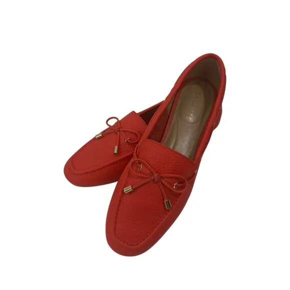 Talbots Womens 8 Real Leather Slip On Loafers With Bow Accents - Orange/coral