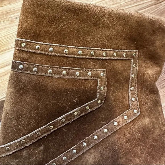 Tamara Mellon Women’s Turning Point Brown Suede Studded Heeled Boots Pull On 6.5