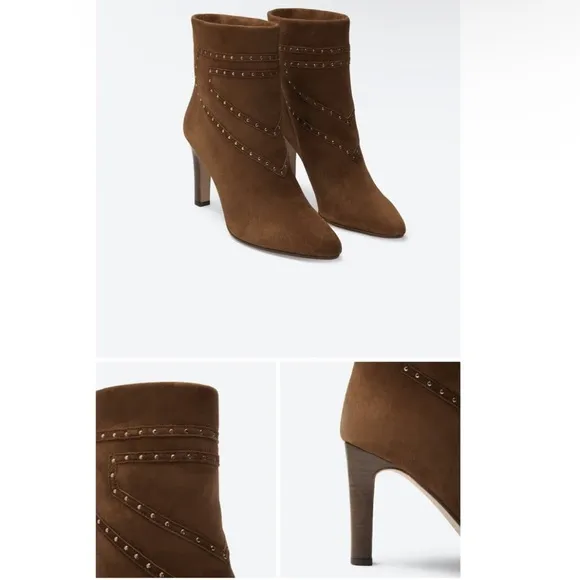 Tamara Mellon Women’s Turning Point Brown Suede Studded Heeled Boots Pull On 6.5
