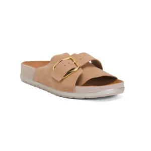 TAMARIS Camel Made In Portugal Leather Footbed Sandals With Gold Tone Buckle