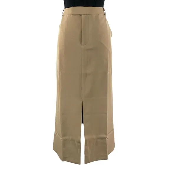 Tan, Khaki high waisted tailored skirt, front slit, Midi skirt, size 10,New